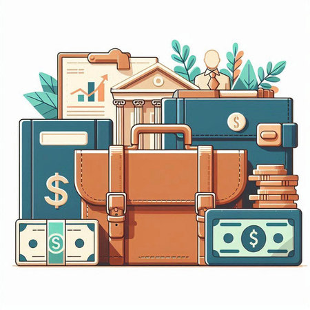 Suitcase with banknotes, money and documents. Vector illustration.のイラスト素材