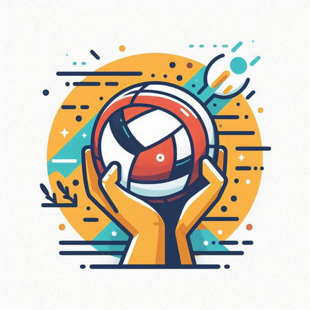 Volleyball ball in hand. Vector illustration in flat linear style.のイラスト素材
