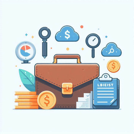 Business and finance concept with briefcase, magnifier, coins and iconsのイラスト素材