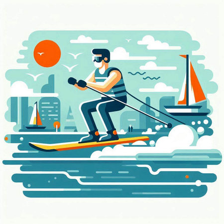 Man skiing in the city. Vector illustration of a flat design.のイラスト素材