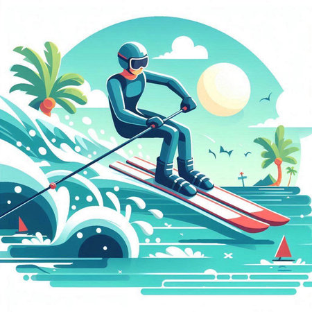 Man skiing in the sea on a sunny day, vector illustration.のイラスト素材