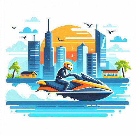 Vector illustration of a jet ski on the background of the city.のイラスト素材