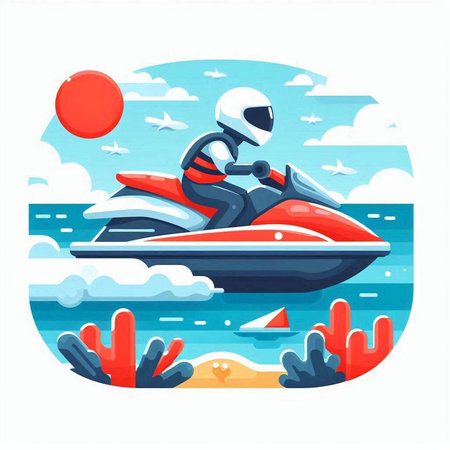 Water scooter on the sea. Vector illustration in flat style.のイラスト素材
