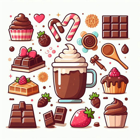 Cup of hot chocolate with sweets and candies. Vector illustration.のイラスト素材