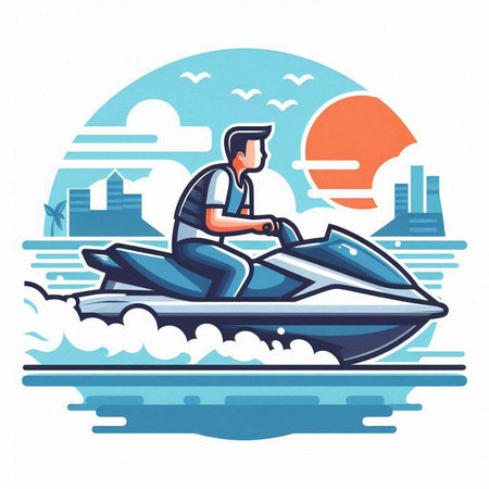 Man riding jet ski on the background of the city. Vector illustrationのイラスト素材