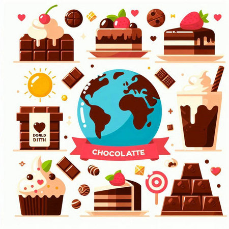 Chocolate, ice cream, cake, chocolate bar, world map, heart. Set of vector illustrations.のイラスト素材