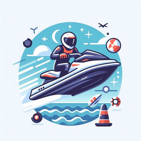Vector illustration of a man on a jet ski in the sea.のイラスト素材