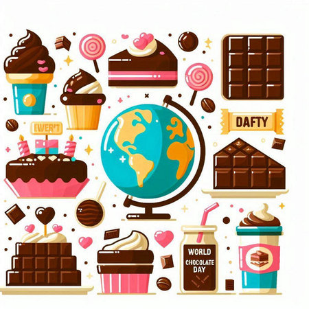 Vector set of different sweets. Chocolate, caramel, ice cream, candy, cupcake, lollipop, donut, milkshake, ice cream, chocolate bar.のイラスト素材