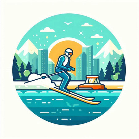 Skier skiing on the river. Vector illustration in flat style.のイラスト素材