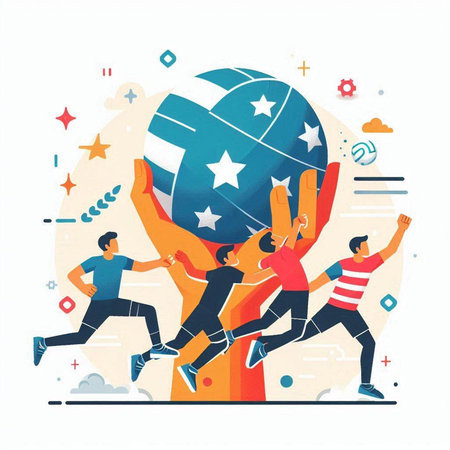 Volleyball players with ball. Teamwork concept. Flat vector illustration.のイラスト素材