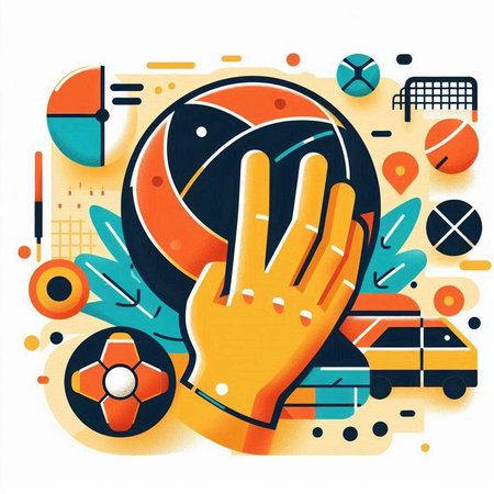 Hand with volleyball ball and sport equipment on colorful background. Vector illustration.のイラスト素材