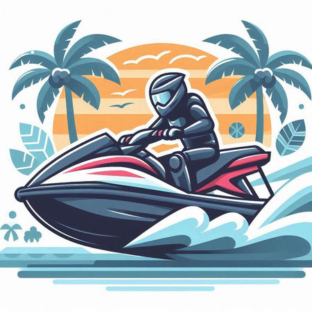 Man on jet ski on the background of palm trees. Vector illustration.のイラスト素材
