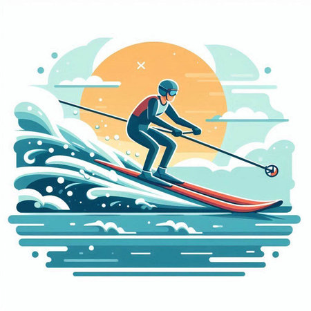 Vector illustration of a man skiing on a surfboard in the sea.のイラスト素材
