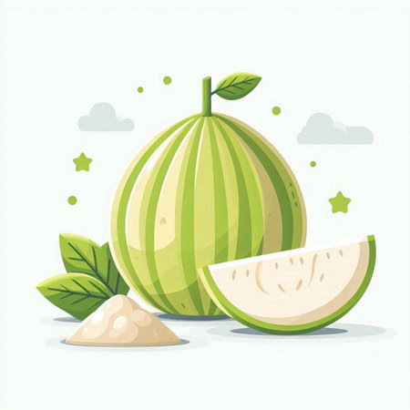 Illustration of melon with green leaves and salt on white backgroundのイラスト素材