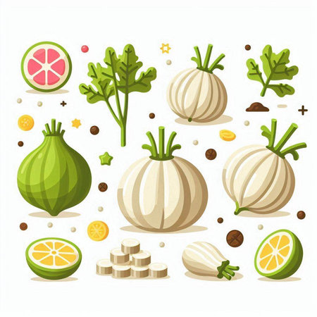 Garlic, parsley, lime, lemon, parsley, pepper. Vector illustrationのイラスト素材
