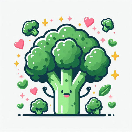Cute broccoli character with heart. Vector illustration in flat style.のイラスト素材
