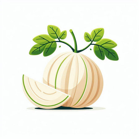Illustration of melon with green leaves on a white background.のイラスト素材