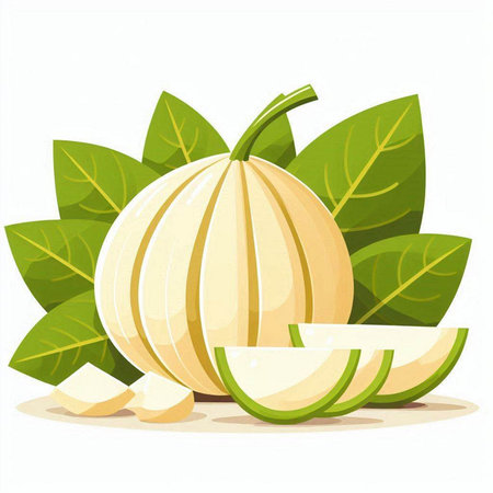 Melon with green leaves isolated on white background. Vector illustration.のイラスト素材