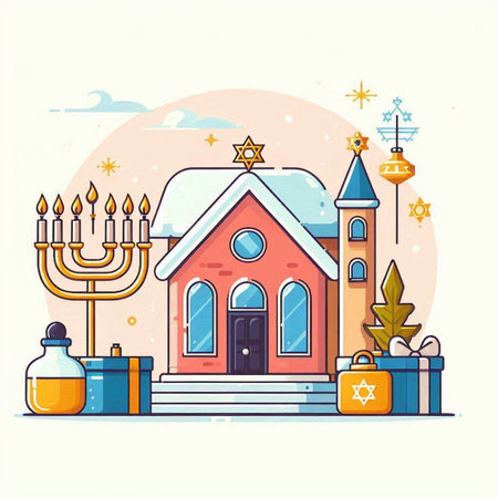 Vector illustration of Christmas house with candles, candlesticks, gifts and menorah.のイラスト素材