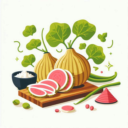 Illustration of vegetables on a cutting board. Vector illustration of vegetables.のイラスト素材