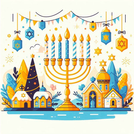 Vector illustration of Happy Hanukkah greeting card with menorah, candelabrum, kippah and church.のイラスト素材