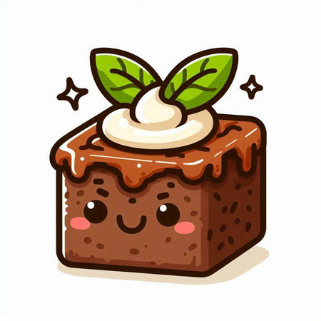 Cute chocolate cake with whipped cream and mint leaves. Vector illustration.のイラスト素材