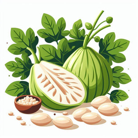 Illustration of a fresh green watermelon with leaves and seeds.のイラスト素材