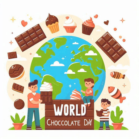 World Chocolate Day Vector Illustration. Boy and Girl Characters with Huge Chocolate Bar and Cupcake on Earth Globe Background. World Chocolate Day Conceptのイラスト素材