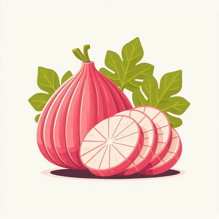 Illustration of fresh red onion with green leaves on a white backgroundのイラスト素材