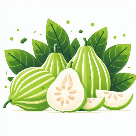 Illustration of fresh green watermelons with leaves on white backgroundのイラスト素材
