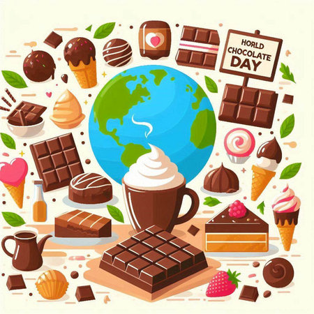 World Chocolate Day. Vector illustration of chocolate, ice cream, wafer, cup of coffee and sweets.のイラスト素材