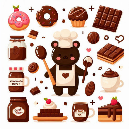 Cute bear with a spoon and a jar of chocolate and sweets. Vector illustration in cartoon style.のイラスト素材