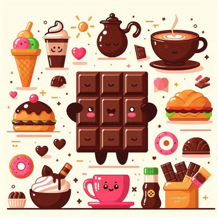 Cute cartoon vector set of chocolate, ice cream, donut, coffee, ice cream and other sweets.のイラスト素材