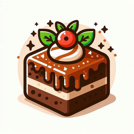 Piece of chocolate cake with cherry and green leaves. Vector illustration.のイラスト素材