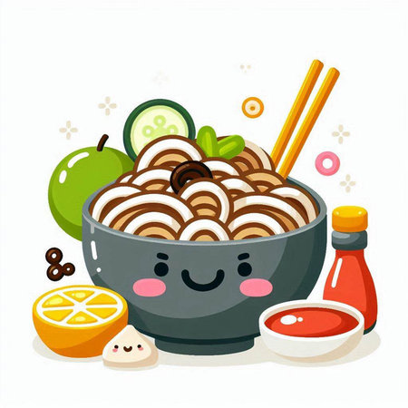 Bowl of rice noodle with vegetables and sauce, vector illustrationのイラスト素材