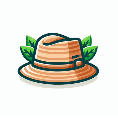 Illustration of a straw hat with green leaves on a white backgroundのイラスト素材