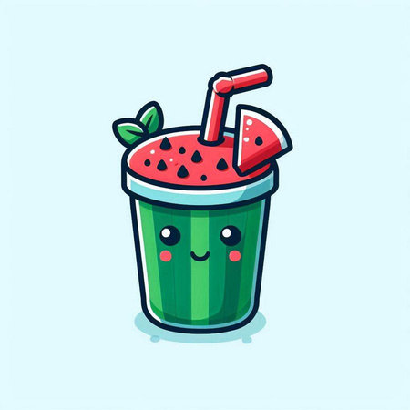 Cute watermelon smoothie cartoon character isolated on blue background.のイラスト素材