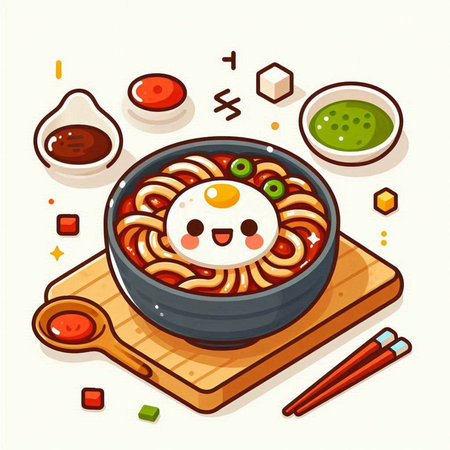 Bowl of udon noodle with kawaii face. Vector illustrationのイラスト素材