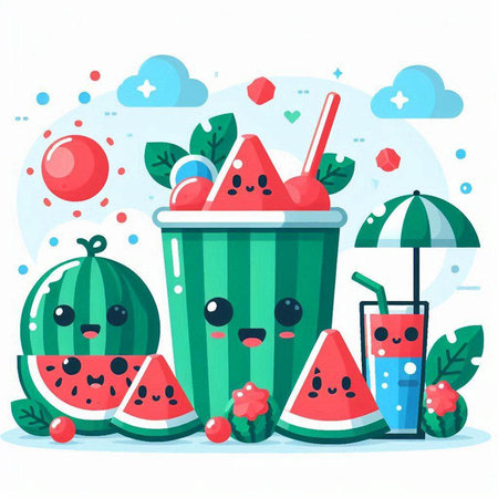 Funny cartoon watermelon character with smoothie drink. Vector illustration.のイラスト素材