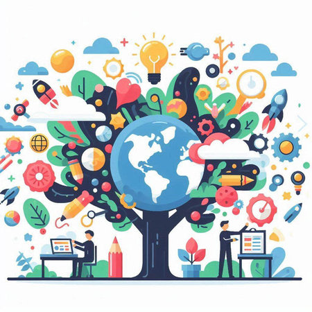 Flat design modern vector illustration concept of business and finance. Creative tree with a globe, gears, icons, pencils and other elements.のイラスト素材
