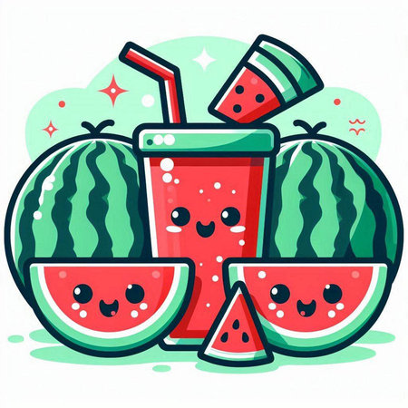 Cute cartoon watermelon juice with watermelon slices. Vector illustration.のイラスト素材