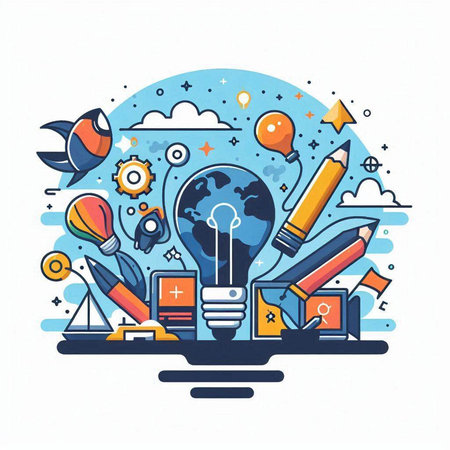 Creative idea concept. Vector flat line design illustration of lightbulb, pencils, books, rocket, lamp, gear, globe, book.のイラスト素材