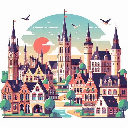 Cityscape of old european town. Vector illustration in flat styleのイラスト素材