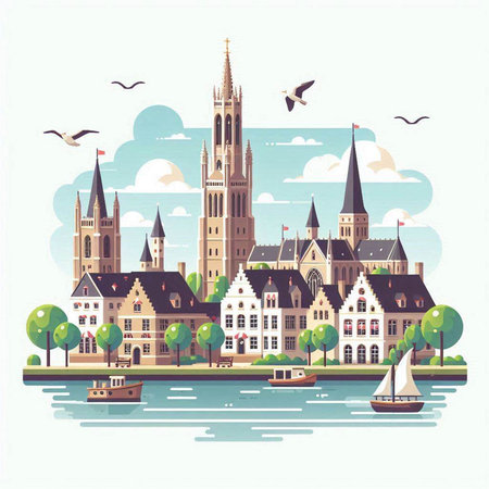 Bruges, Belgium. Famous european city. Vector illustrationのイラスト素材