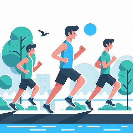 Men running in city park. Healthy lifestyle concept. Vector illustration in flat styleのイラスト素材