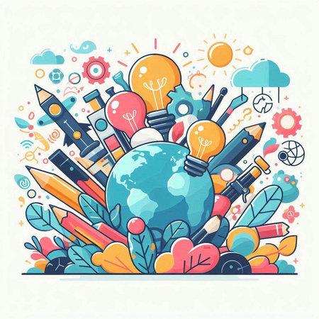 Vector illustration of education and science concept with globe, lightbulbs, rocket, pencils, stars, flowers and other elements.のイラスト素材