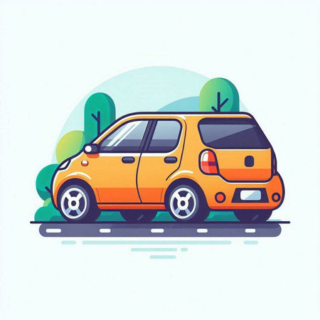 Car on the road with trees in the background. Vector illustration.のイラスト素材