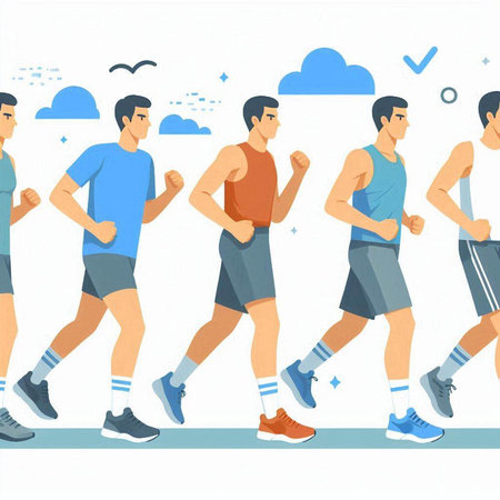 Running people. Healthy lifestyle. Vector illustration, flat cartoon style.のイラスト素材
