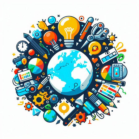 Vector illustration with globe and school supplies in circle shape on white backgroundのイラスト素材