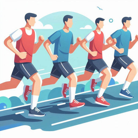 Illustration of a group of people running in the park on a sunny dayのイラスト素材